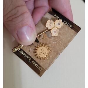 Vintage New Lawrence Bentley Double Tac Pin Brooch Hat Pin Set Gold Sun Enamel